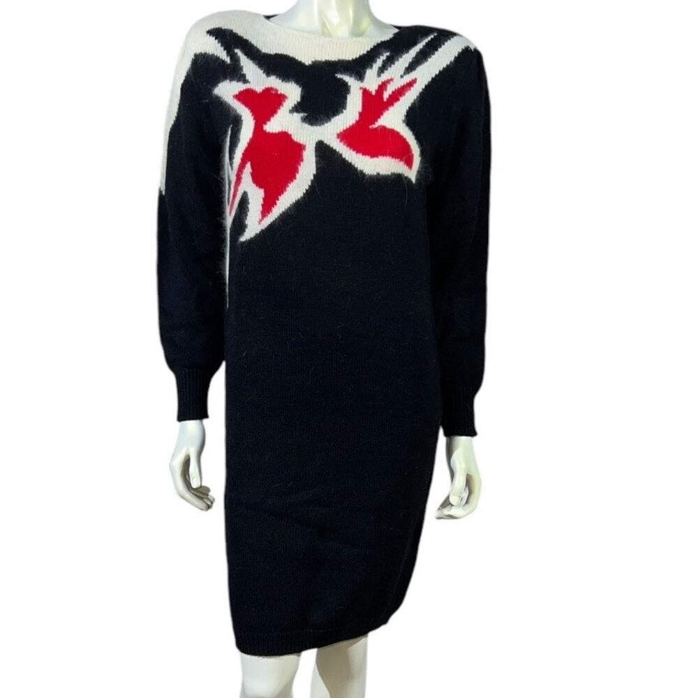 Christina Grant Black Angora Blend Sweater Dress Shoulder Pads Medium